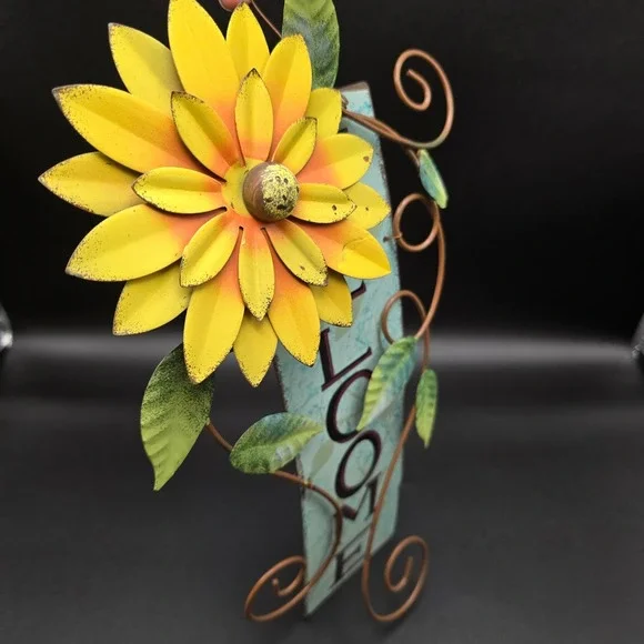 Rustic Metal Sunflower Welcome Sign Vertical Wall Hanging Decor Blue/Teal - Picture 5 of 11